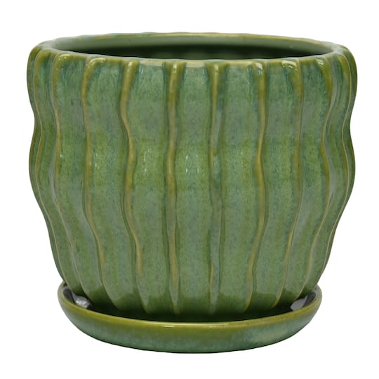 7.25" Green Ceramic Pot with Saucer by Ashland®